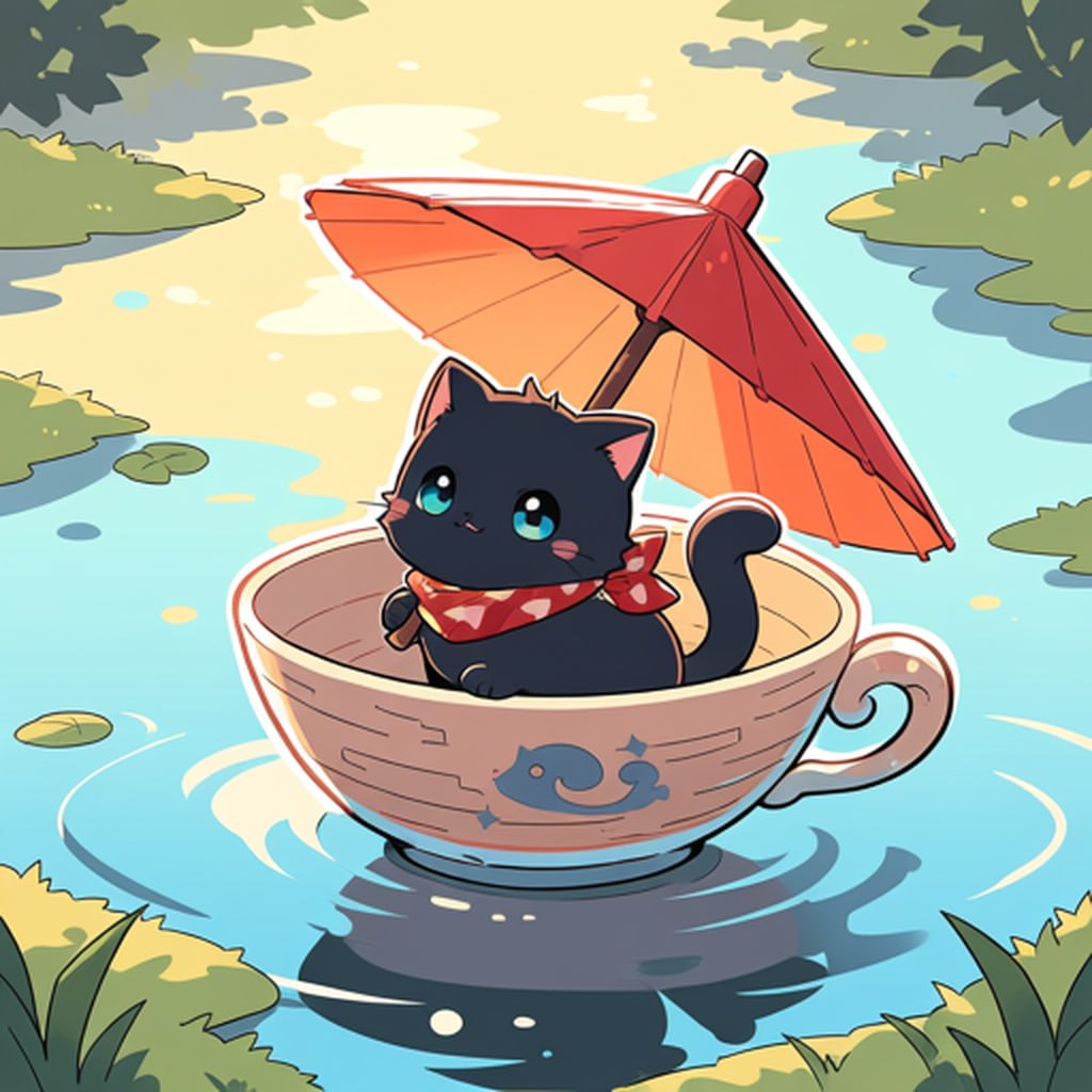 Chibi cat floating in a teacup