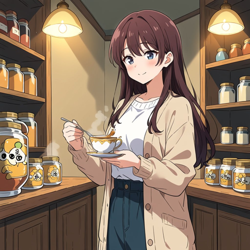 Anime girl with tea in warm apothecary