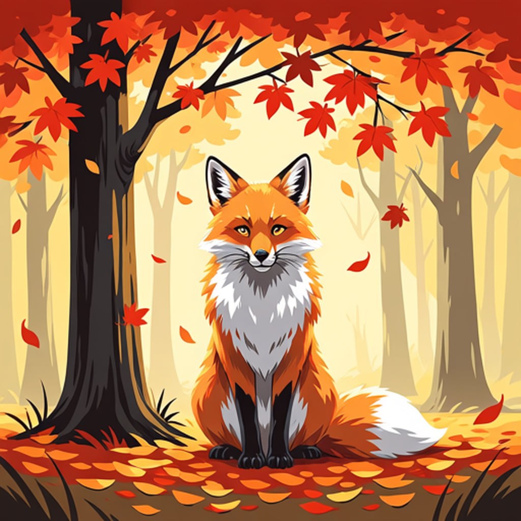 Fox in a golden autumn forest