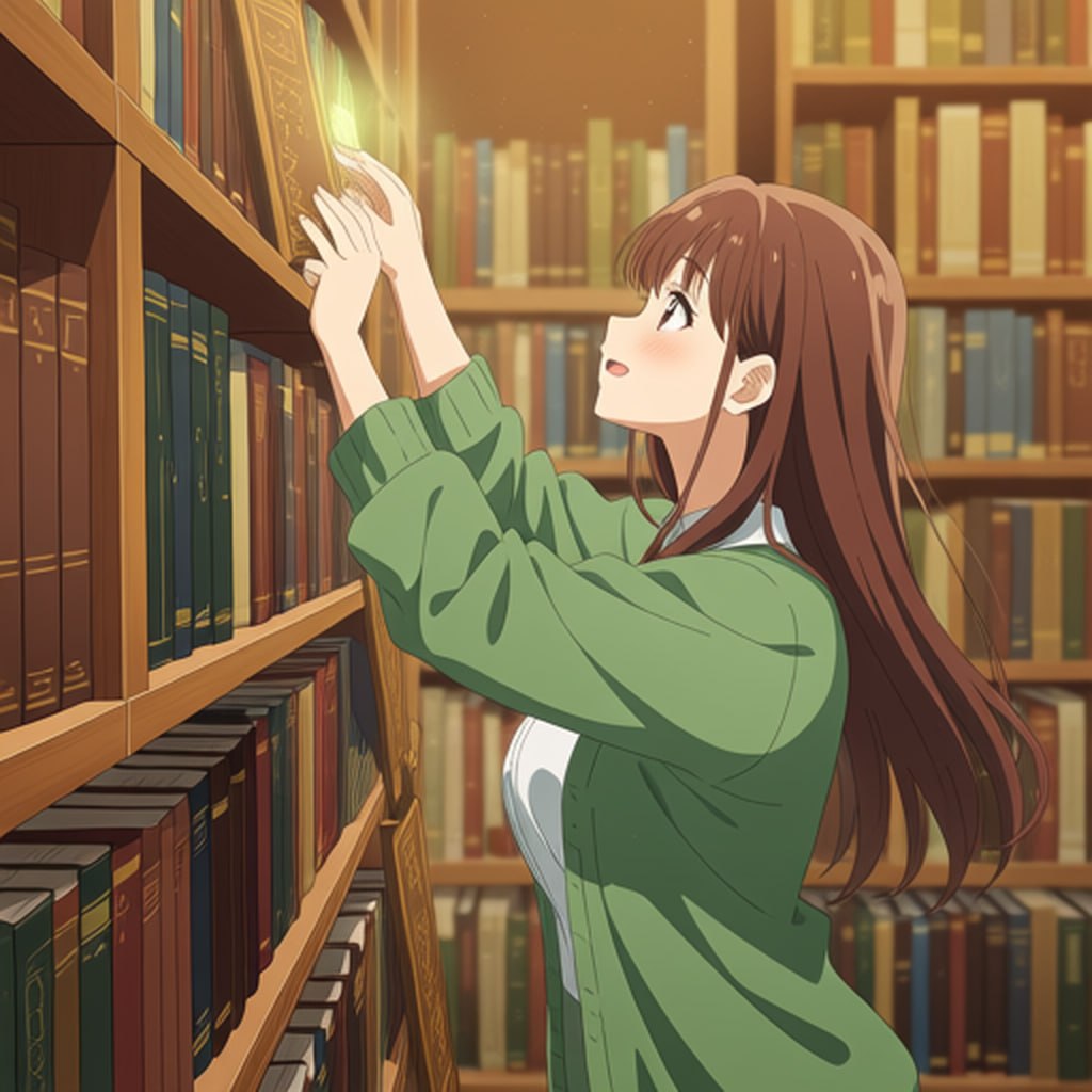 Girl reaching for glowing book in library